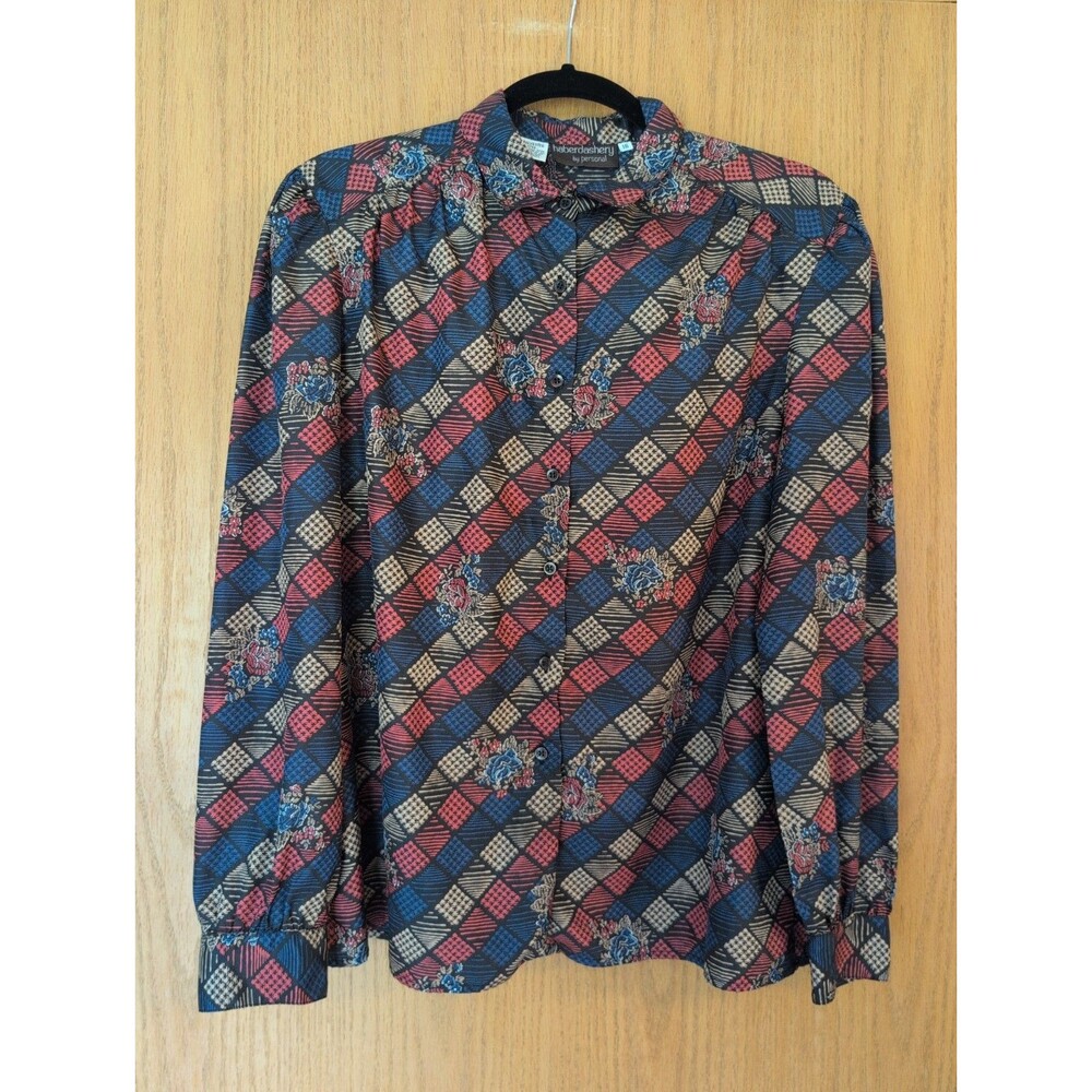 Vintage 80s Haberdashery Womens Blouse Size 16 Red Blue Floral Puffy Sleeve